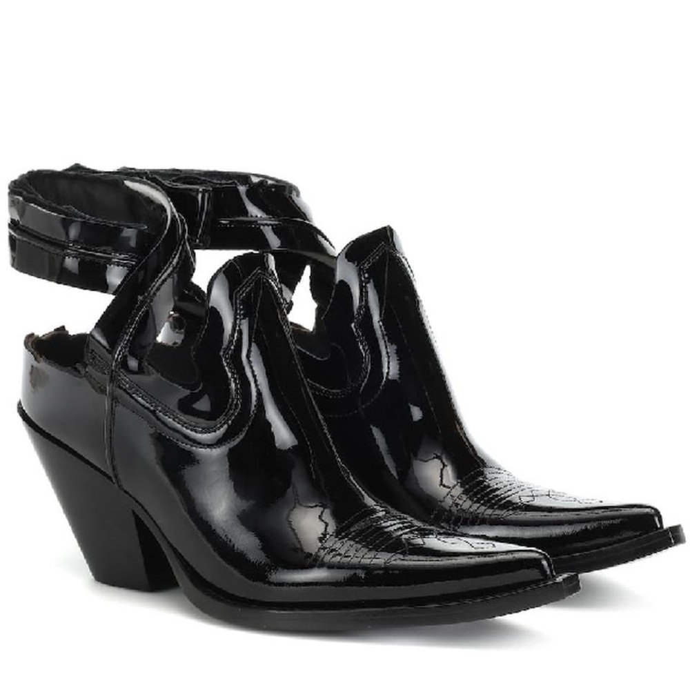 MAISON MARGIELA  Distressed Cutout Patent Leather Ankle Wrap Cowboy Boots Black